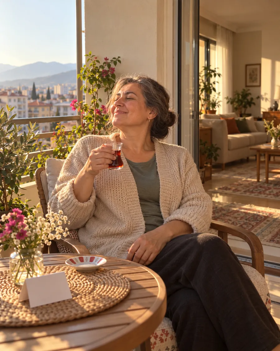 Balkonda çay içen anne